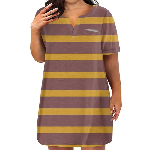 Womens Summer Dresses Plus Size Loose Fit Floral Print Beach Dress V-Neck Short Sleeve Mini Party Dress with Pocket