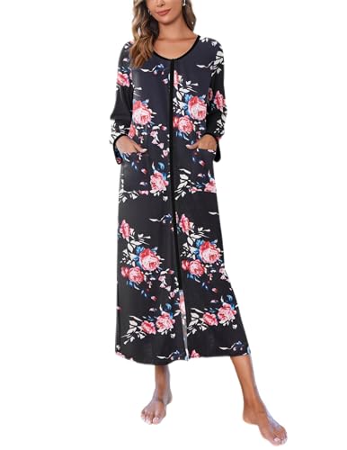 Ekouaer Women Long House Coat Zipper Front Robes Full Length Nightgowns with Pockets Striped Loungewear S-4XL