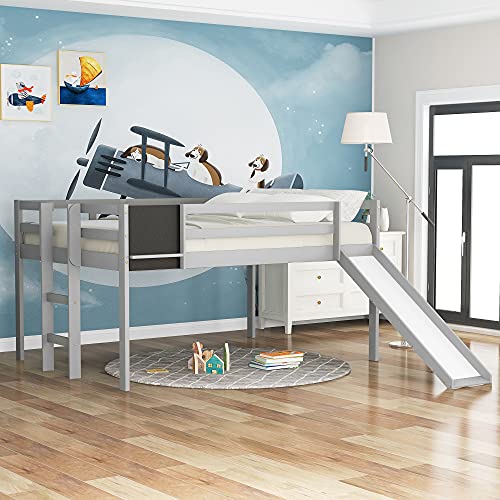 Wood Low Loft Bed Twin Size with House Roof, Kids Loftbeds Frame with Storage Shelves and Ladder, for Boys Girls Bedroom, Gray