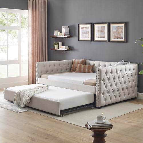 Daybed Twin Size Linen Upholstered Day Bed with Twin Trundle, Solid Wood Sofa Bed Frame w/Button Tufted and Copper Nail on Square Arms, No Spring Box Need, for Kids, Bedroom, Dorm