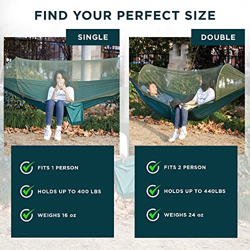 Camping Hammock with Mosquito Net - OOKU Lightweight Portable Hammock, Nylon Parachute Hammock with Bug Net | Travel Hammock 2 Person with Tree Straps for Outdoor Backpacking, Hiking, Backyard, Green