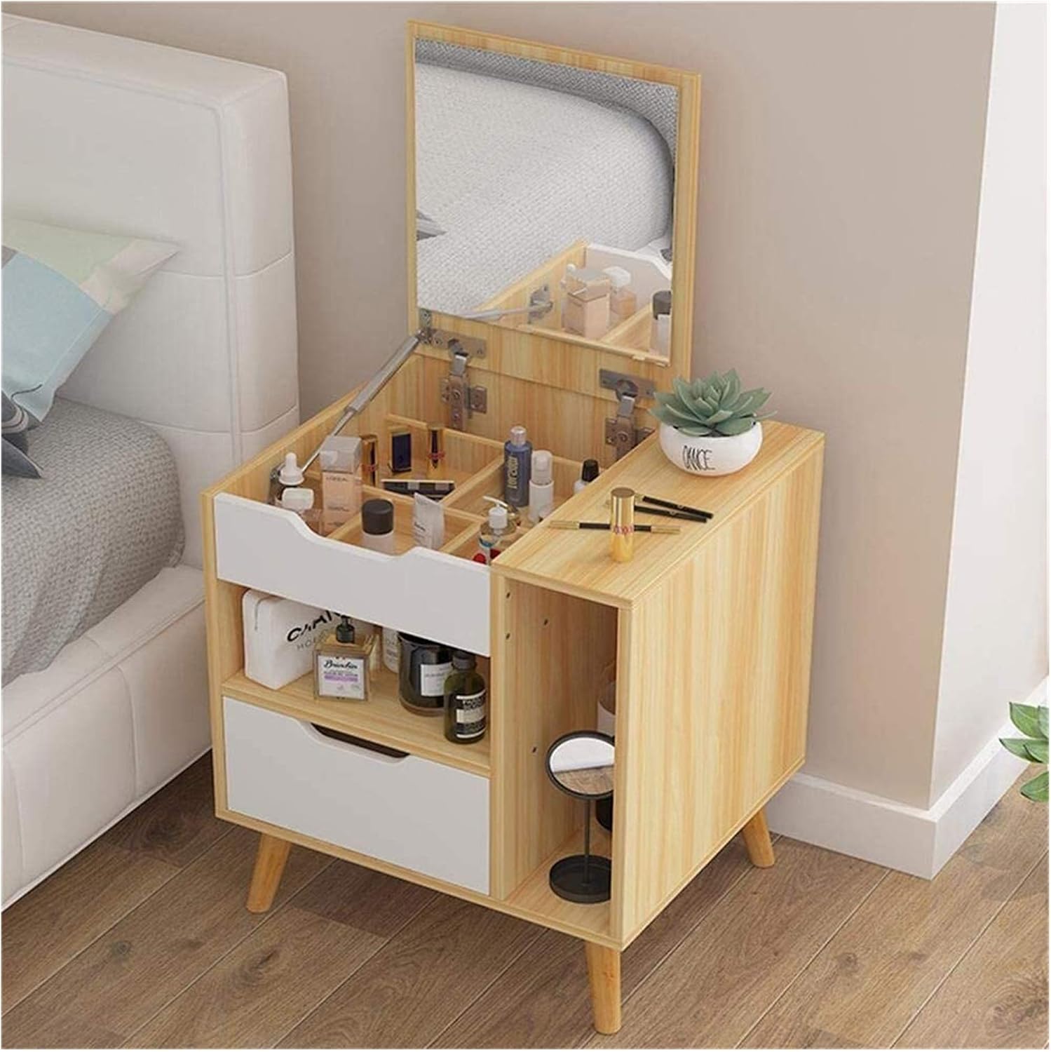 Mini Dressing Table with Flip Mirror, Bedroom Nightstand and Desk 2 in 1, Storage Cabinet, Bedroom Furniture (Color : Beige) (Beige)