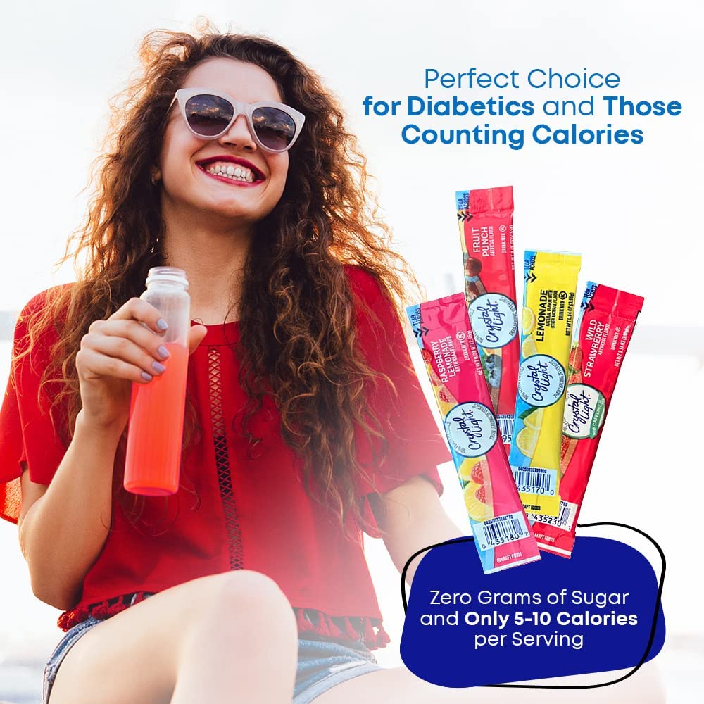 Generic Crystal Light Lemonade, Fruit Punch, Raspberry Lemonade & Wild Strawberry Sugar-Free Powdered Drink Mix Variety Pack, 60 Count With 25 Straws, Fits 16.9 oz Bottles