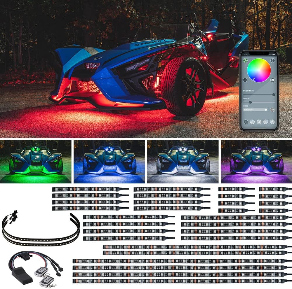 LEDGlow 32pc Bluetooth Advanced Million Color LED Accent Underlow Lighting Kit Compatible with Polaris Slingshot - Smartphone App - Brake Lights Feature - Waterproof Control Box - Flexible Strips