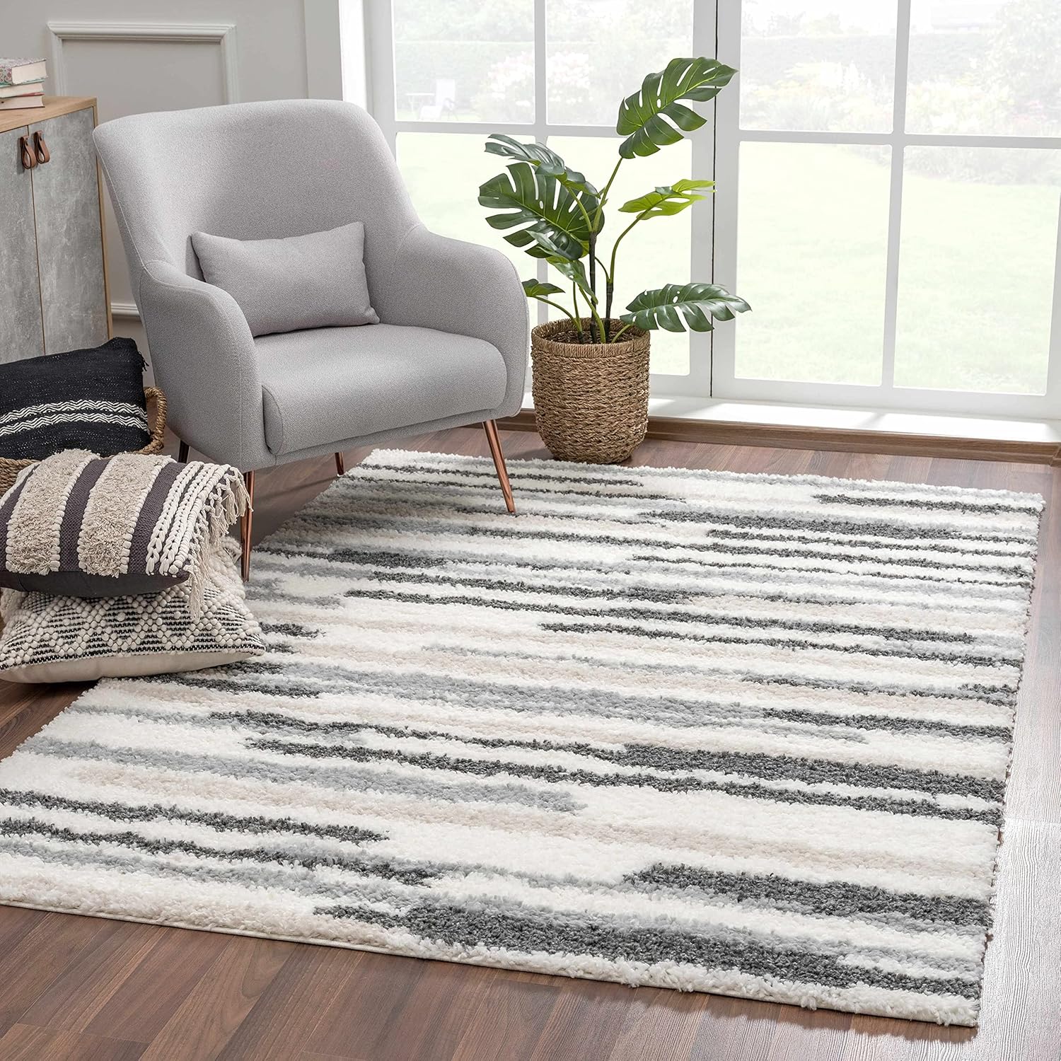 Hauteloom Lux Shag - Moroccan Farmhouse Living Room Shaggy Area Rug - Bohemian Shag Rug - Plush High Pile - Southwestern Boho Soft Carpet - Tribal Aztec - Grey, Off White, Beige - 5'3