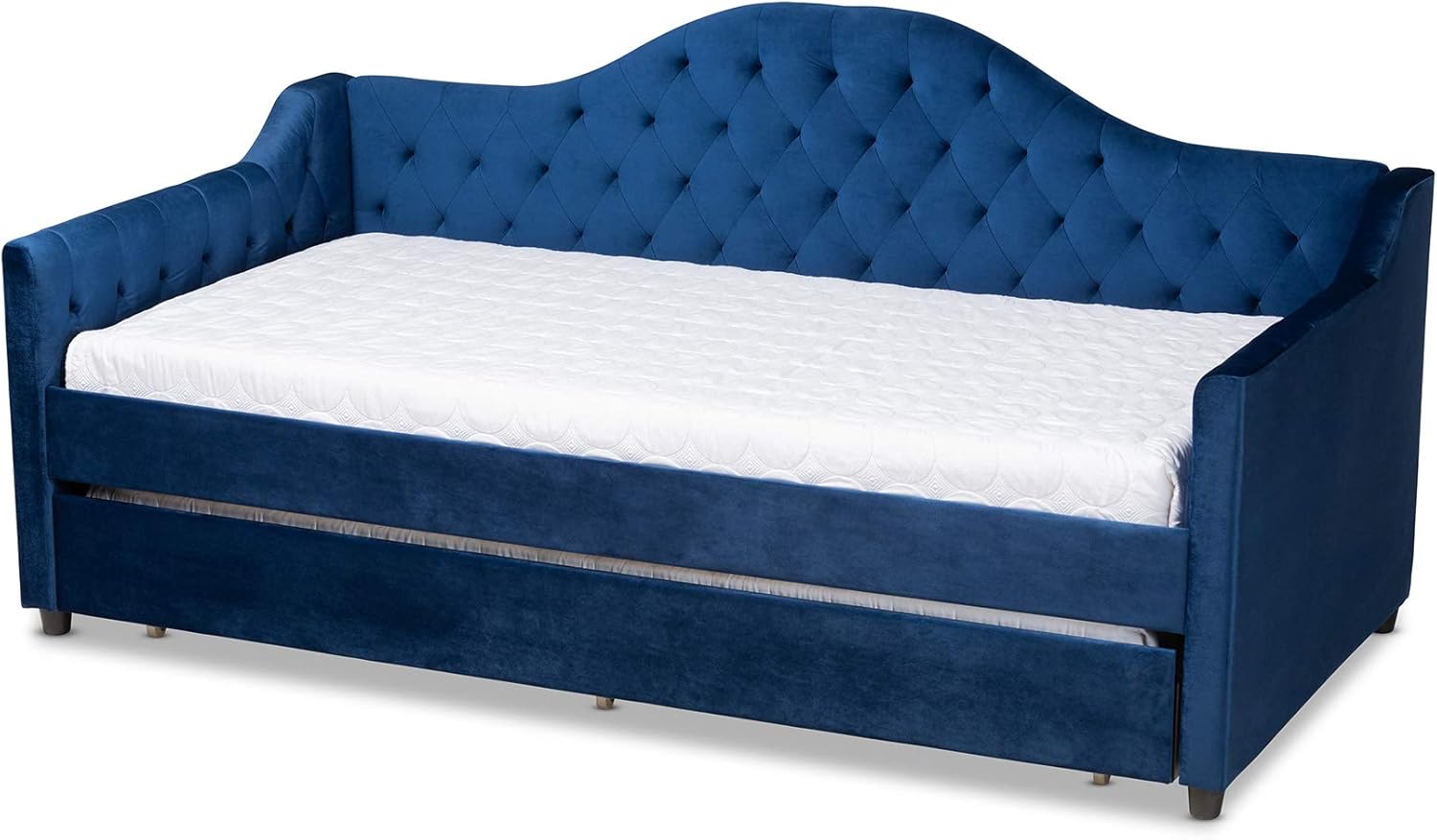 Baxton Studio Perry Modern and Contemporary Navy Blue Velvet Fabric Upholstered and Button Tufted Twin Size Daybed with Trundle
