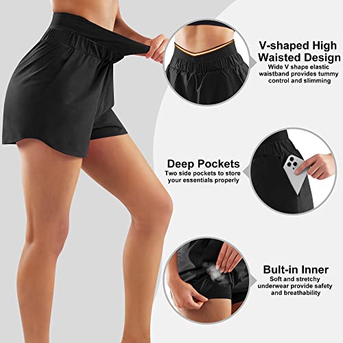 MOOSLOVER Women High Waisted Workout Shorts Quick Dry Athletic Gym Running Shorts with Pockets