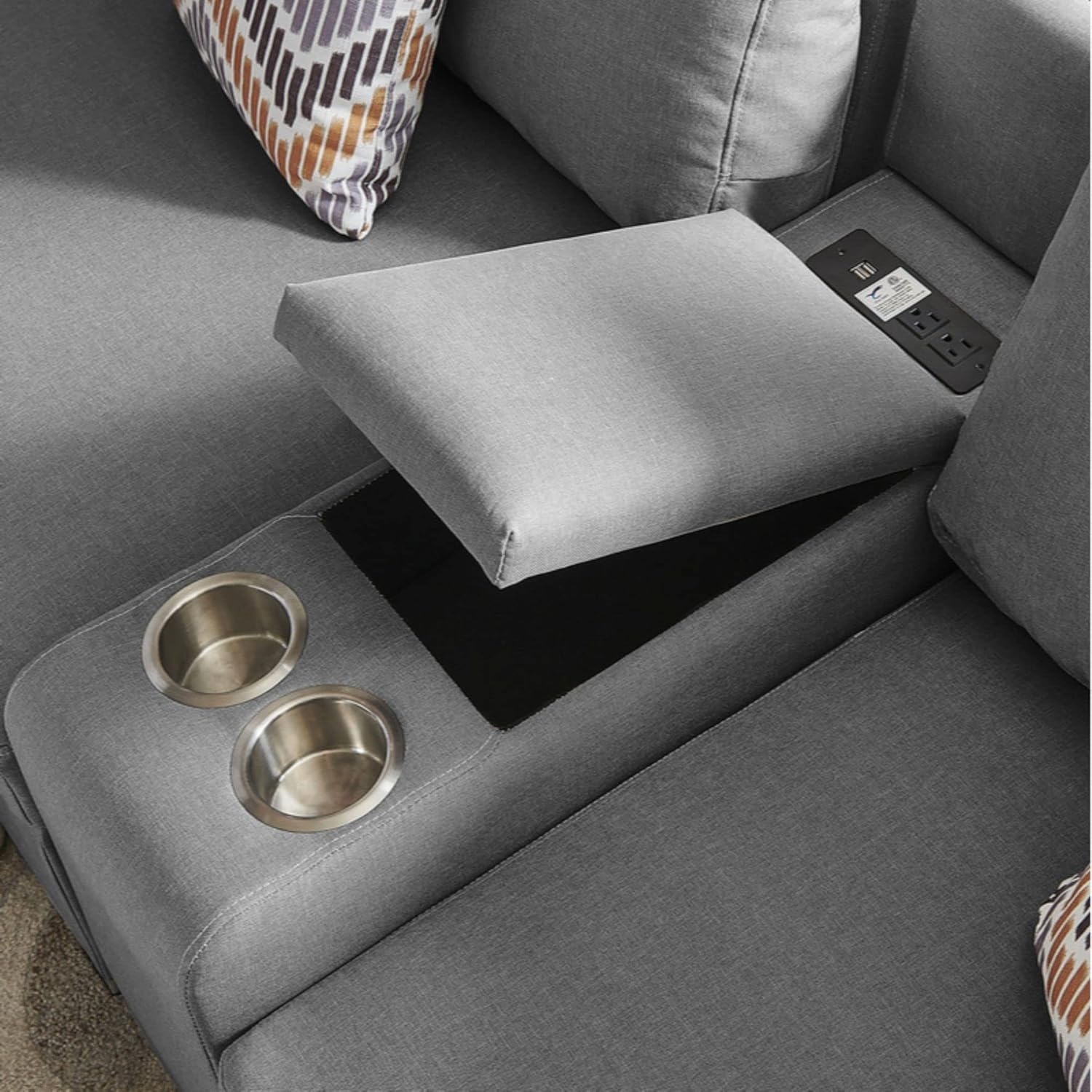 Lilola Home Amira Gray Fabric Reversible Modular Sectional Sofa with USB Console and Ottoman