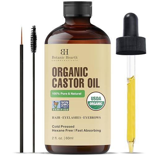 Botanic Hearth Castor Oil | USDA Certified Organic |100% Pure & Hexane Free | Cold Pressed | Growth for Eyelashes, Eyebrows, Hair | With Eyebrow & Eyelash Brush | 4fl oz