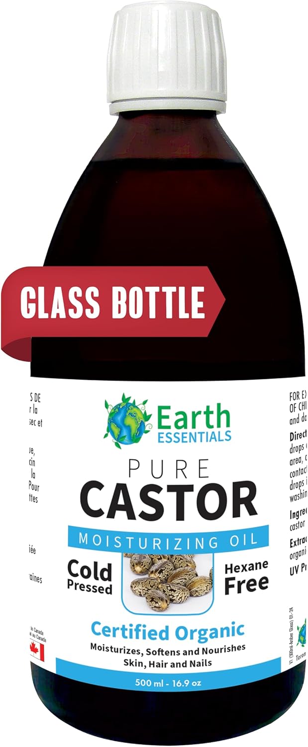 Castor Oil 100% Pure Certified Organic Glass Bottle Cold Pressed Hexane Free - 500ml 16.9 Oz