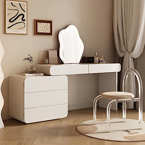Makeup Vanity, White Vanity Desk with Mirror and Lights, Modern Dressing Table with 5 Storage Drawers and Stool, Vanity Set for Bedroom, 3 LED Lighting Modes, Retractable Side Cabinet (39.4in)