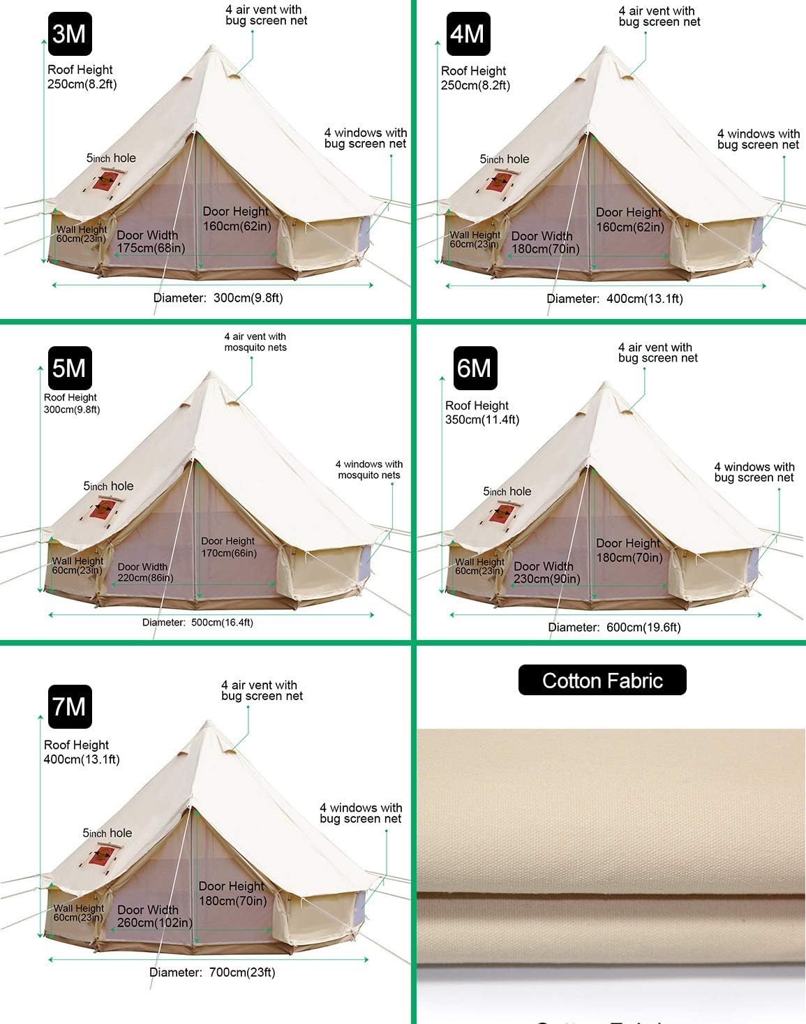 Waterproof 4 Season Cotton Canvas Tent Bell Tent Yurt Tent with Stove Jack Hole for Outdoor Camping for 8-10 Persons (6M-19.6FT)