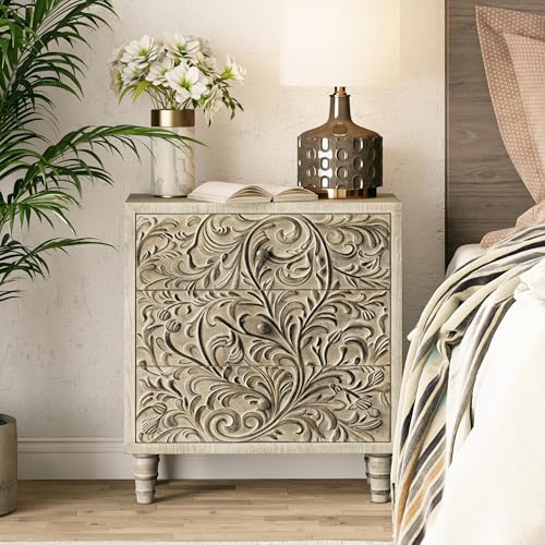 LONYKE 3 Drawer Farmhouse Dresser with Embossed Weathered Flower Motif, Vintage Nightstand for Bedroom, Fully-Assembled, Boho, Weathered White, 25''W*11.81''D*27.36''H