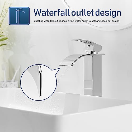 Black Bathroom Faucet Waterfall Single Handle Bathroom Sink Faucet with Metal Pop-up Drain, Bathroom Faucet One Hole or 3 Hole with Deck Plate