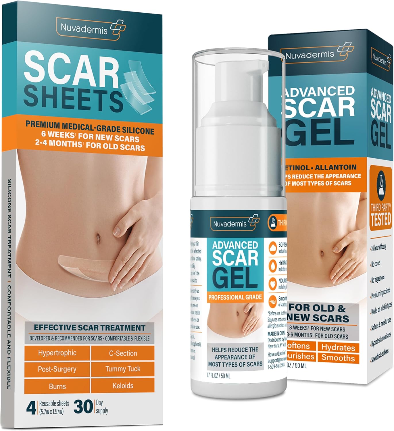 NUVADERMIS Silicone Scar Sheets & Scar Cream Gel - C-Section, Tummy Tuck, Keloid, Acne Removal Treatment - Advanced Post Surgery Supplies - Scars Removal Treatment