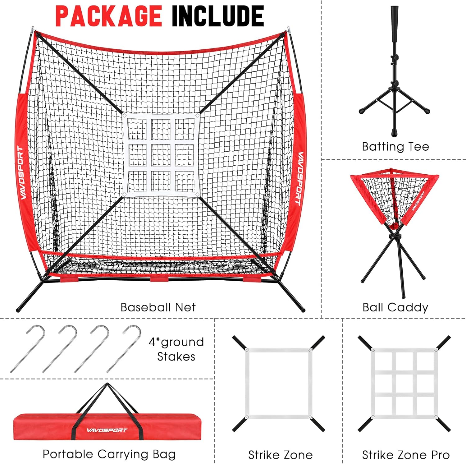 7x7 ft Baseball & Softball Practice Net - Large Ball Collection System for Batting, Hitting, Pitching, Portable Baseball Training Equipment with 2 Strike Zone, Batting Tee, Ball Caddy, Carry Bag