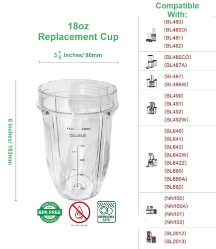 Blendin 24oz Large Tall Cup with Sip N Seal Lid Replacement Jar, Compatible with Nutri Ninja Auto IQ & Duo Blenders - Premium Blender Replacement Cups - Cup Diameter is 4