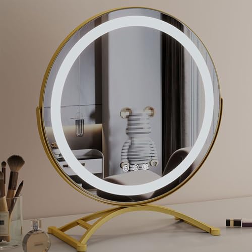New Rotating Large Round Mirror, Desktop LED Smart Makeup Mirror Dressing Fill-in Light Makeup Mirror with Light for Makeup Desk, Bedroom, Dressing Room, 50cm,White