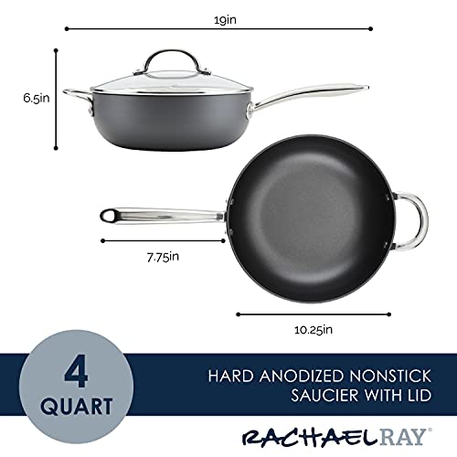 Rachael Ray 80088 Professional Hard Anodized Nonstick Sauce Pan/Saucepan/Saucier with Helper Handle and Lid, 4 Quart - Gray