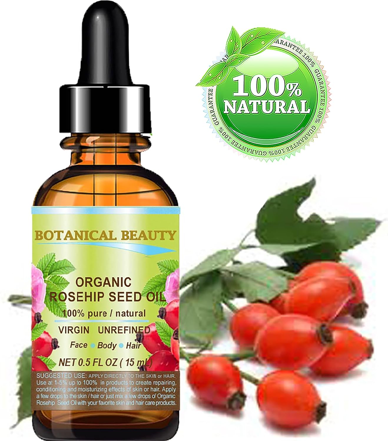 ORGANIC ROSEHIP SEED OIL Pure For Face, Skin, Hair and Body. Anti-Aging Moisturizer Facial Oil 0.5 Fl oz 15 ml by Botanical Beauty