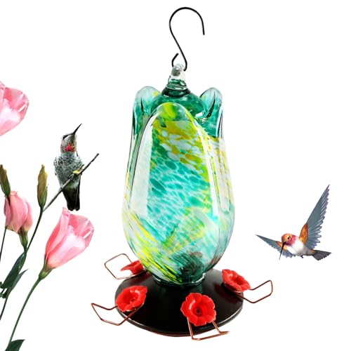 Natures Rhythm Hummingbird Feeder, Hand Blown Glass Hummingbird Feeders for Outdoors Hanging, 38Ounce, 5 Feeding Ports with Perch, Spark pattern