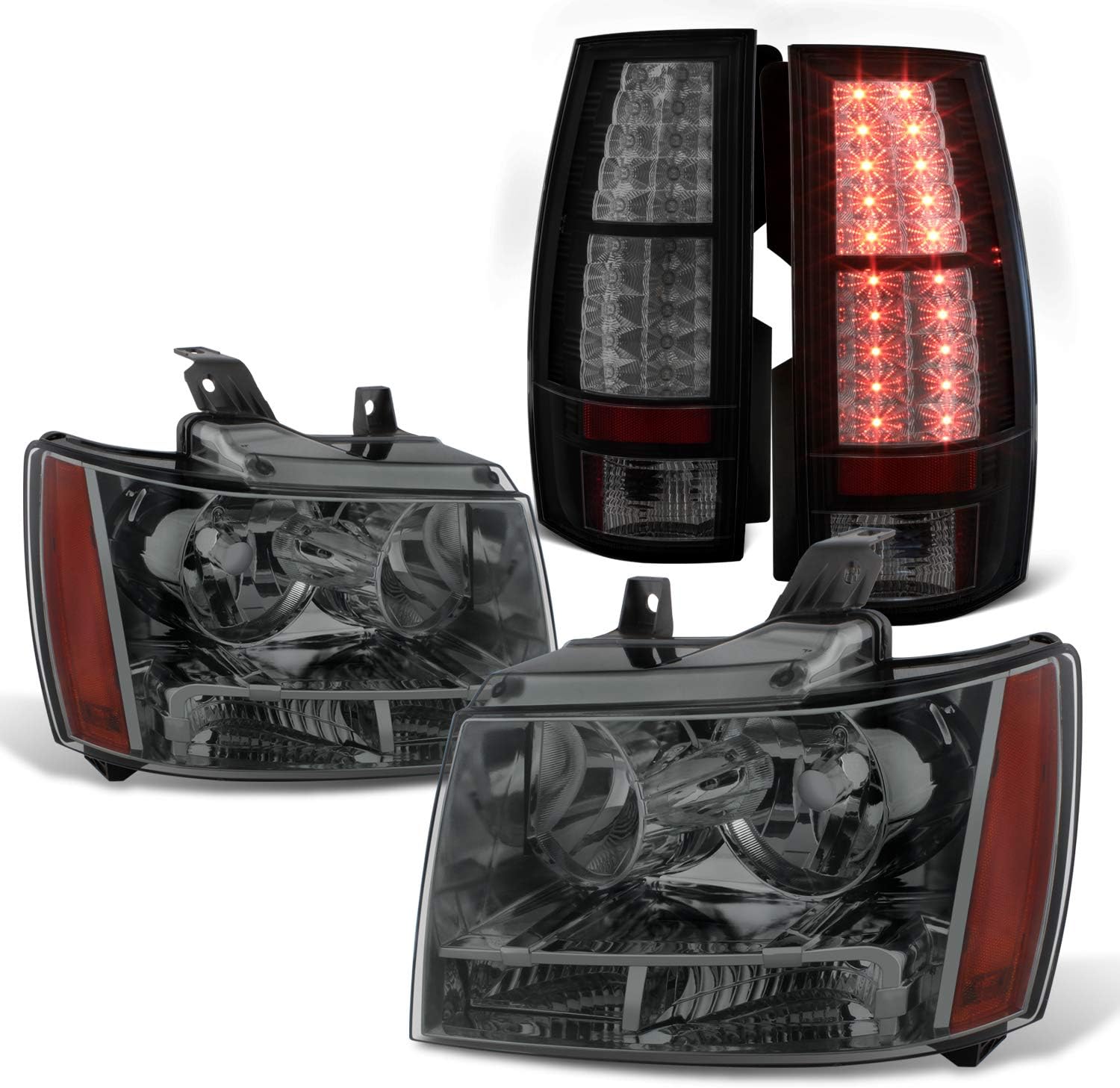 AKKON - For 07-14 Chevy Suburban Tahoe Smoked Lens OE Headlights + Blk Smoked LED Rear Tail Lamp Replacement
