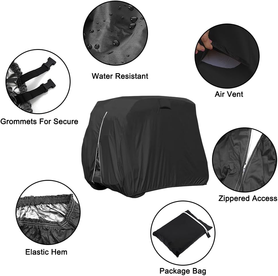 Golf Cart Cover, Samlomi 420d Golf Cart Covers 4 Passenger Fits Ezgo, Club Car, Yamaha, Waterproof Windproof Sunproof Outdoor All-Weather Polyester Full Cover with 3 Pcs Golf Club Brush