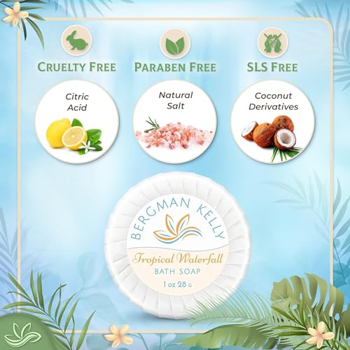 BERGMAN KELLY Hotel Soap Bars in Bulk (Tropical Waterfall, 1 oz, 100 PK), Travel Size Cleansing Soap, Small Individually Wrapped Round Soap, Mini Size Toiletries: Airbnb, Motel, Guest Bath