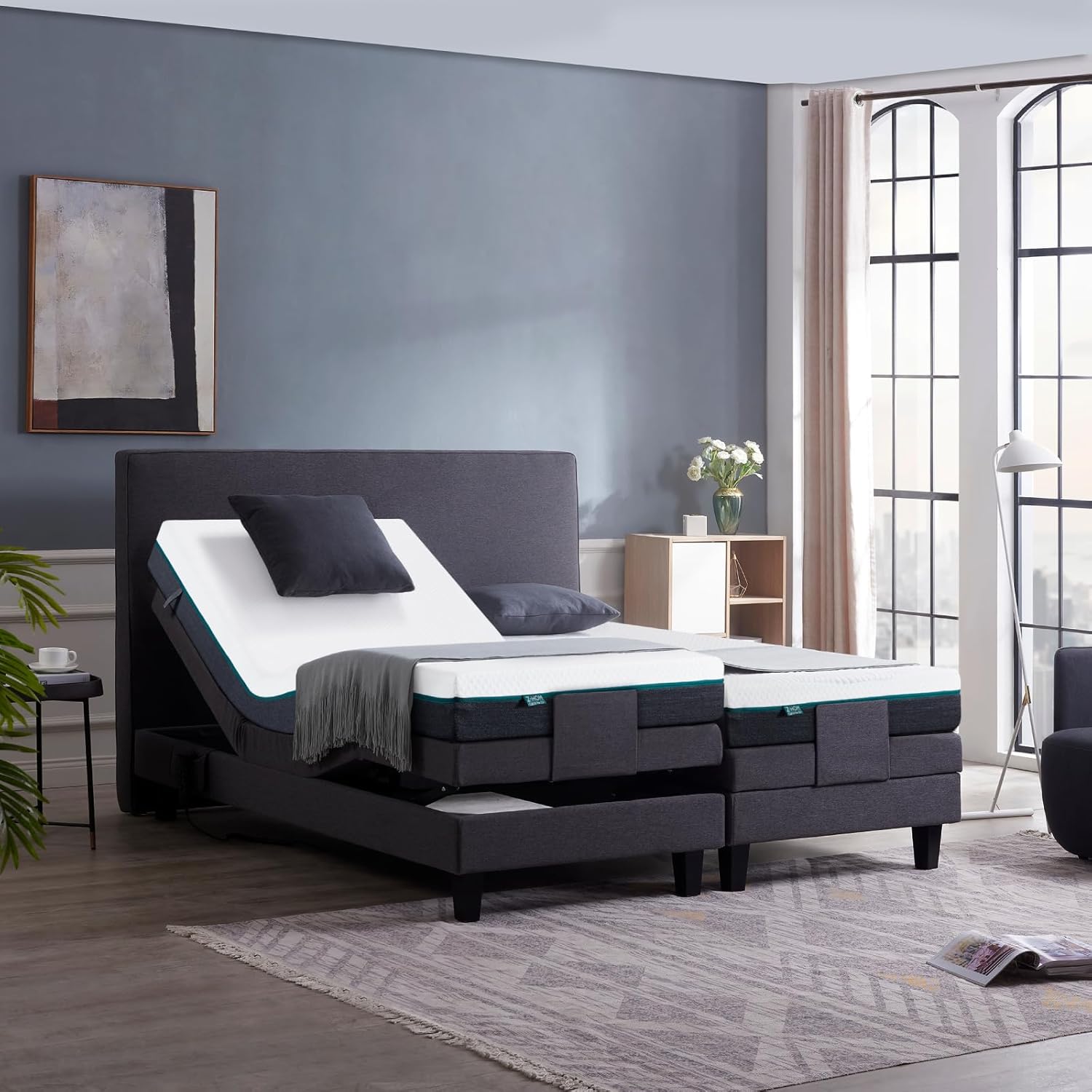 Electric Adjustable Bed Base, Ergonomic Upholstered King Size Bed Frame with Upgraded Motors l, Independent Head and Foot Incline,Anti-Snore, Memory Positions