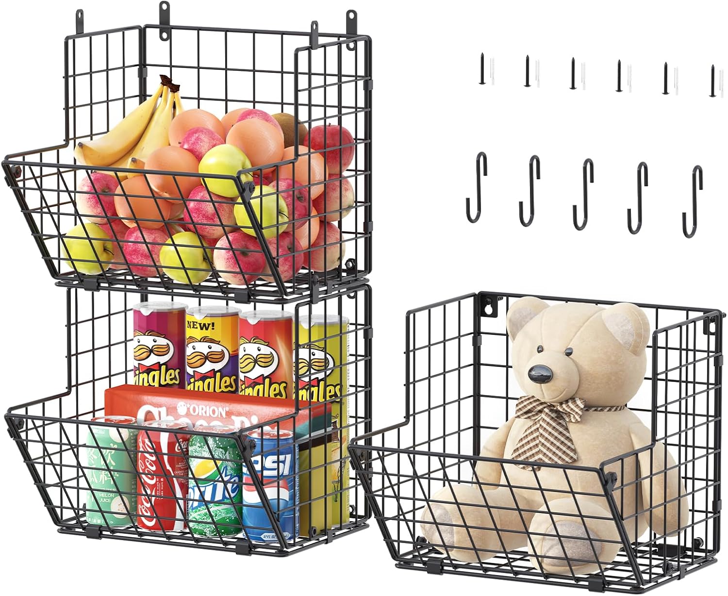 X-cosrack Metal Wire Basket Wall Mount, 3 Tier Wall Storage Basket Organizer with 5 S Hooks, Kitchen Fruits and Vegetables Produce Bin Rack Toys Organizer Bathroom Tower Hanging Basket (Black, Small)