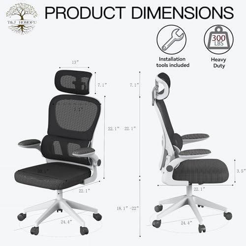 Ergonomic Home Office Chair,Ergonomic Desk Chair with Back Support,Backrest 90-125 Adjustable and Adjustable Headrest,High Back Mesh Office Chair with Padded Flip-up Armrest，White