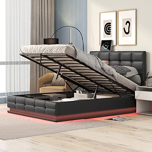 Merax Modern Upholstered Lift Up Bed Frame with LED Lights and USB charger Full PU Leather Tufted Plattform Bed Hydraulic Storage System Black