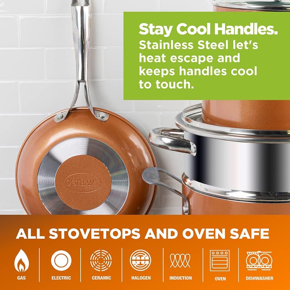 GOTHAM STEEL Copper Cast Cookware & Bakeware Ultra Nonstick Durable Coating – Includes Fry, Stock Pots Baking Pans, 15 Piece Set, Brown