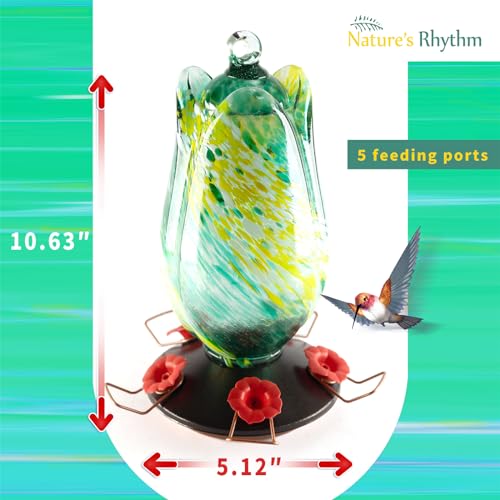 Natures Rhythm Hummingbird Feeder, Hand Blown Glass Hummingbird Feeders for Outdoors Hanging, 38Ounce, 5 Feeding Ports with Perch, Spark pattern