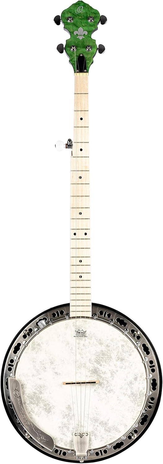 Ortega Guitars Facon Falcon Series 5-String Quilted Maple Resonator Acoustic-Electric Banjo w/Bag, Right, Transparent green, one size (OBJE400TGR)