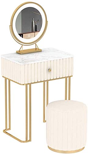 Luxury Dressing Vanity Table w/Stool for Bedroom, Dressing Table with Drawers, Vanity Table Set Makeup Table with Led Lighted Mirror, Touch Screen Switch & Cushioned(White,40x40x75cm)