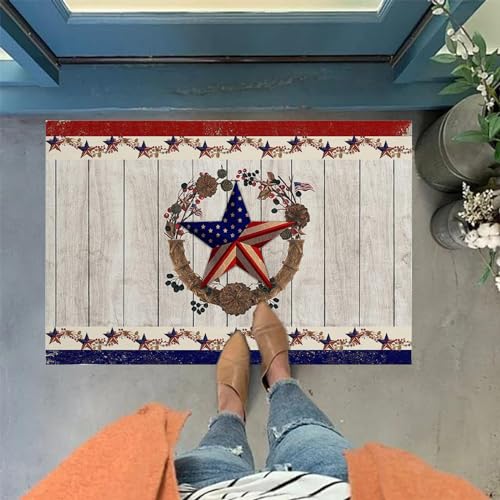 2024 Patriotic Welcome Door Mat, Retro American Flags Door Mat with Slip Resistants Rubber Vintage Linen Floor Mat for 4th of July Independence Day Indoor Outdoor Home, for Home & Office