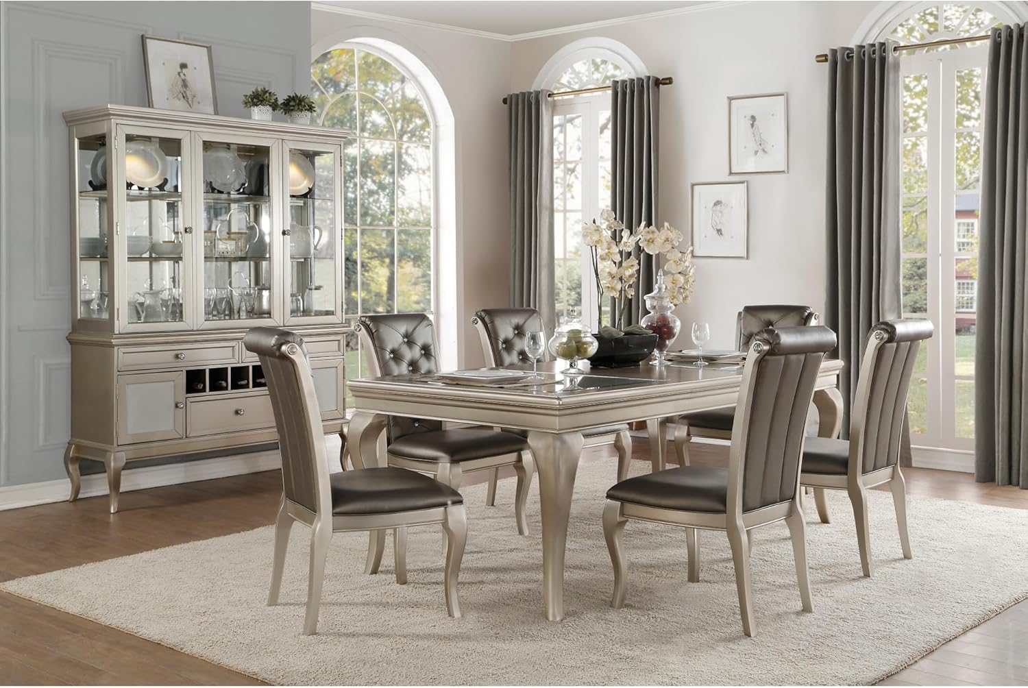 Crystal Button-Tufted Side Chairs 2pc Set Silver Finish Wood Frame Gray Faux Leather Upholstered Dining Furniture