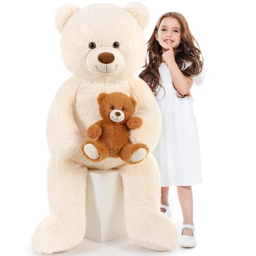 MorisMos Giant Teddy Bear Stuffed Animals,43in Large Stuffed Bear Plush,2-in-1 Big Mommy Teddy Bear with Baby Bear for Kids,Ideal Teddy Bear Baby Shower Decoration,Large Valentine Teddy Bear for Girl