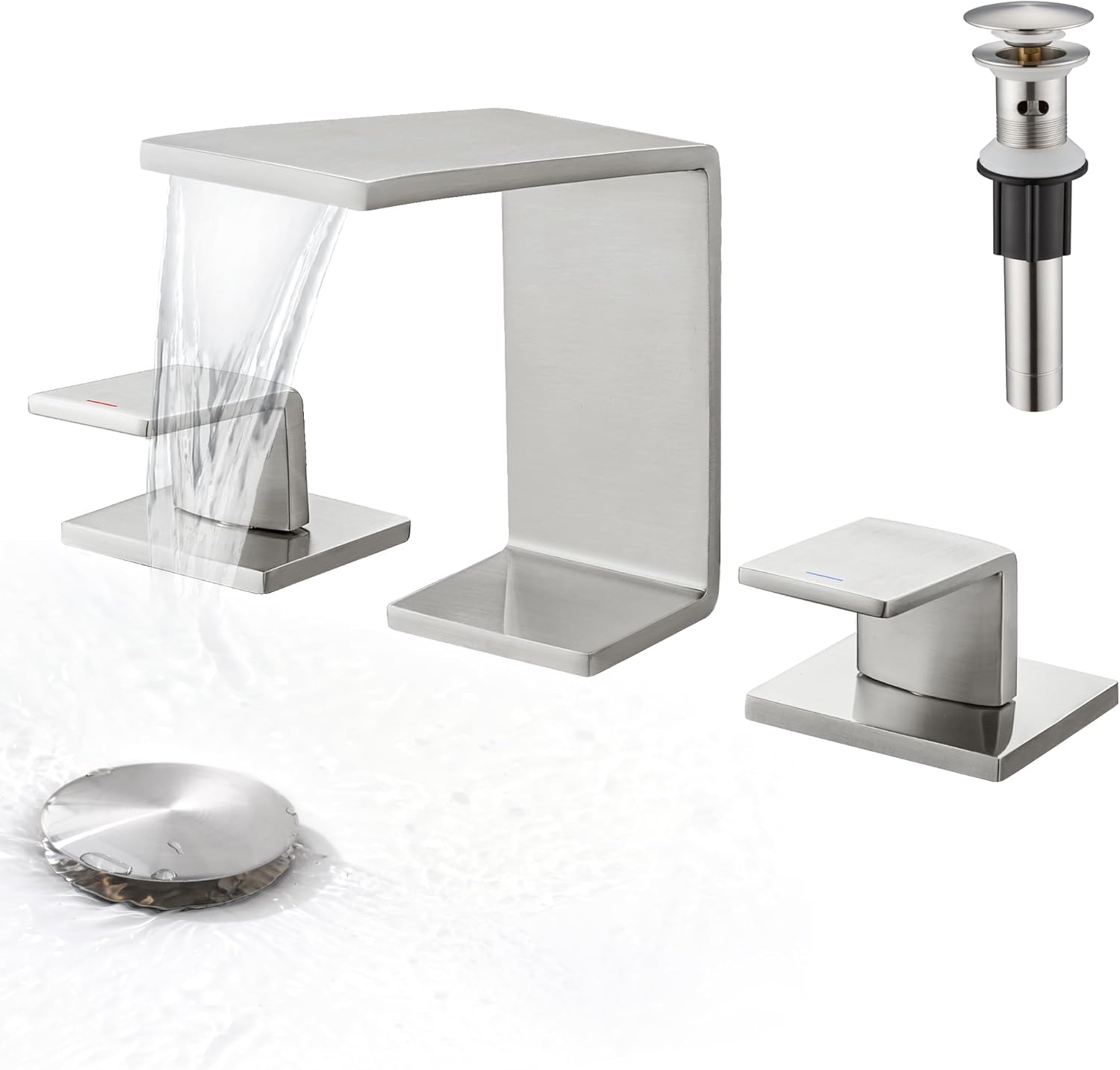 Brushed Nickel Waterfall Bathroom Faucet - Bathroom Faucets for Sink 3 Hole, 8 Inch Widespread Bathroom Sink Faucet 2 Handles, PerPaiMe Stainless Steel Bathroom Faucet with Pop-up Drain & Supply Lines