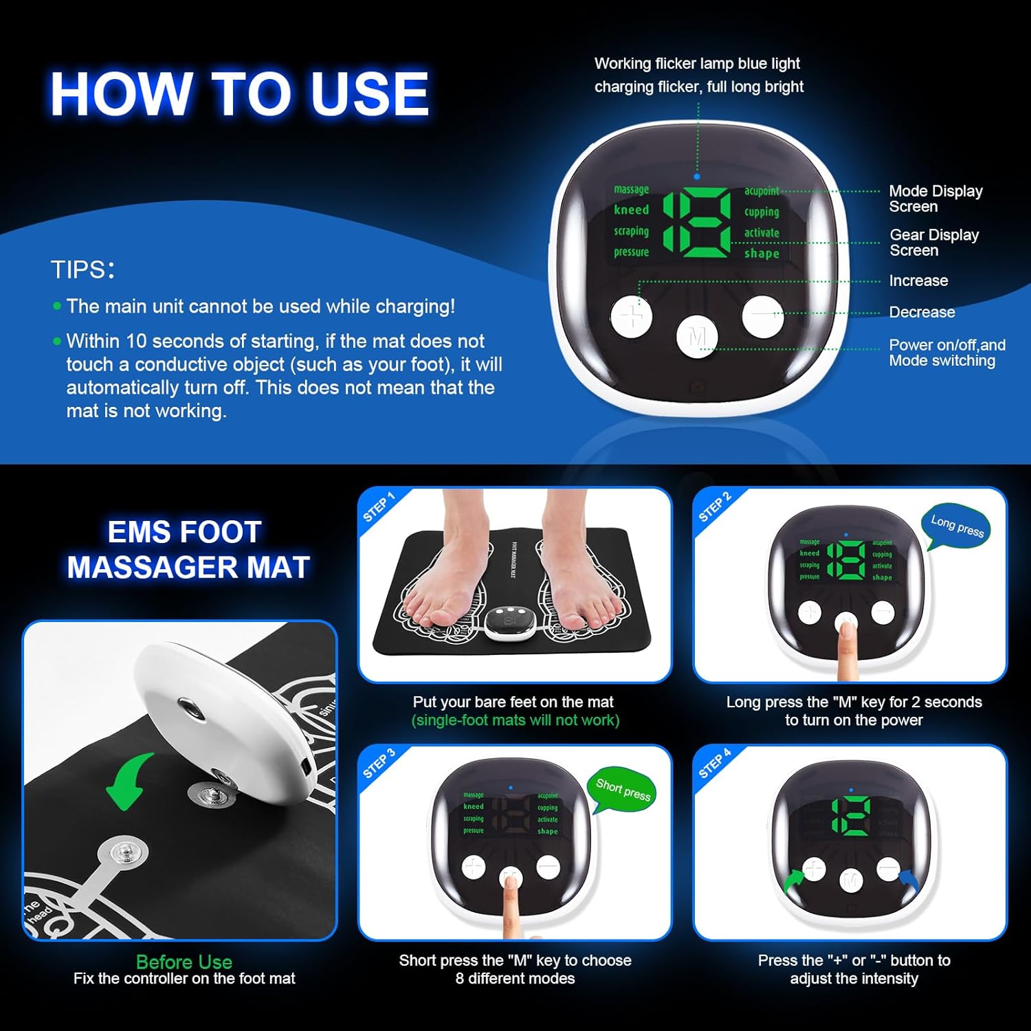 EMS Foot Massager Mat -Foot Massager Pad, Muscle Relaxation, Foldable Legs & Feet Massager Pad with 15 Modes,TENS (Mode:KTR-2493)