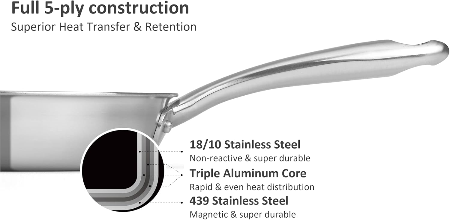 5-Ply Stainless Steel Frying Pan, Full 5-Ply Clad, Brushed, Induction Cooking Pan, Oven Safe, Dishwasher Safe (12'' Stainless Steel Frying Pan)