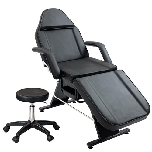 Massage Salon Tattoo Chair with Two Trays Esthetician Bed with Hydraulic Stool Multi-Purpose 3-Section Facial Bed Table Adjustable Beauty Barber Spa Beauty Equipment Black