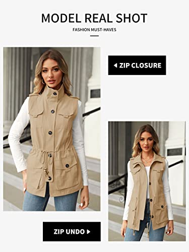 Koodred Women's Casual Military Utility Vest Lightweight Sleeveless Drawstring Jackets with Pockets