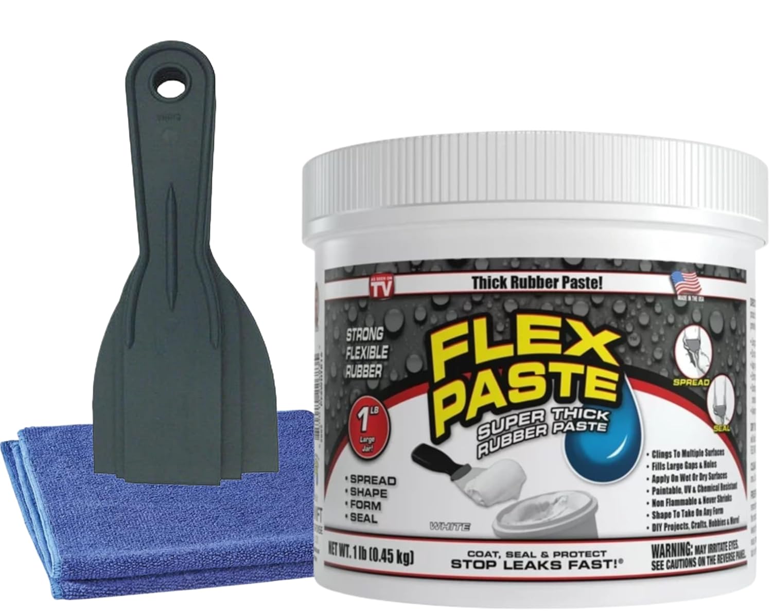 Flex Seal White Flex Paste 1lb, Waterproof Sealer Bundle with ONDAGO Microfiber Cloth & Putty Knife, Fixes Cracks/Holes