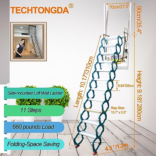 TECHTONGDA Pull Down Attic Loft Ladder Stairs Side-Mounted Loft Wall Folding Stairs Attic Steps 9.18ft 11 Steps Alloy Attic Access Ladder Frame Size 27.5 x 35.4 Inch Blue Pulldown Attic Stairs