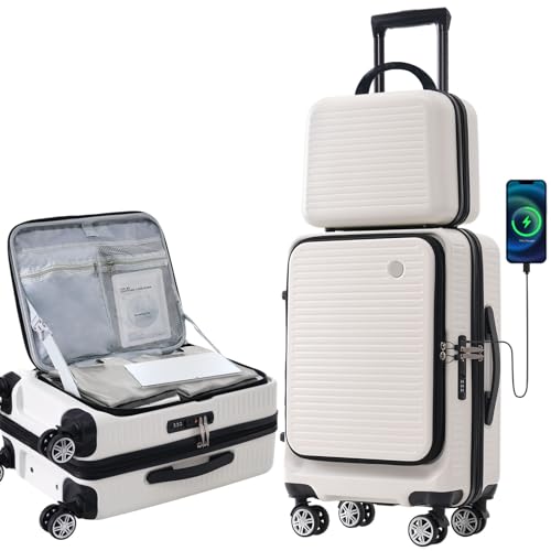 Carry-On Luggage 20 Inch Front Open Luggage Grace Expandable Carry On Luggage Hardside Carry On Suitcase With Wheels Tsa Lock And Usb Port Small Suitcase With Portable Carrying Case (White)