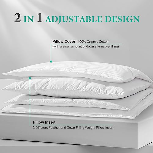 APSMILE 2-in-1 Assembleable Goose Feathers Down Pillow for Sleeping, King Size Soft-Medium-Firm Adjustable Bed Pillow Insert for Stomach, Back or Side Sleepers, 20x36
