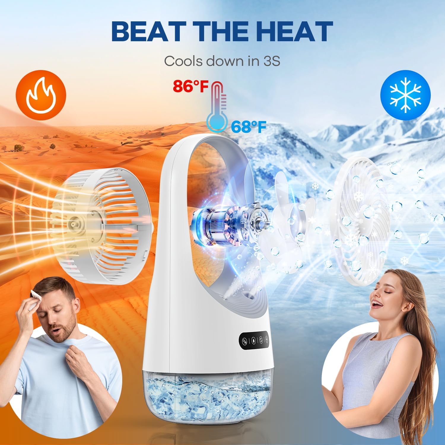 4000mAh Portable Air Conditioners, 3 In 1 Personal Air Conditioner,3 Speeds USB Mini Air Cooler with 400ML Water Tank for Bedroom, Office, Living Room, White