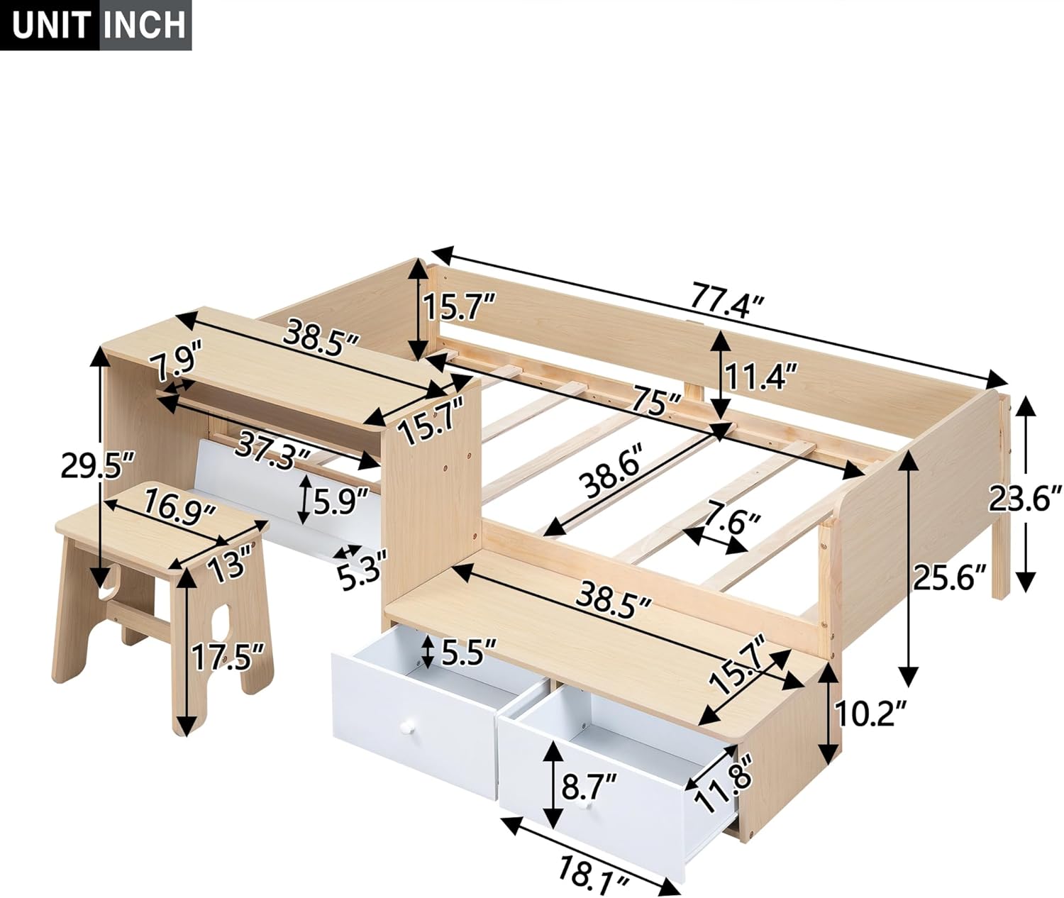 Bellemave Wood Twin Size Platform Bed with 2 Drawers and 1 Chair&Desk Set, Daybed Twin with 2 Shelves, Multi-Functional Wood Bed for Kids, Girls, Boys, Space-Saving， Naturl+White.